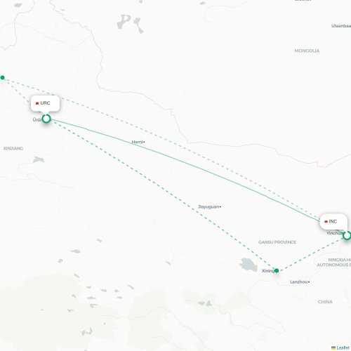Mapa de vuelo directo Yinchuan - Ürümqi
