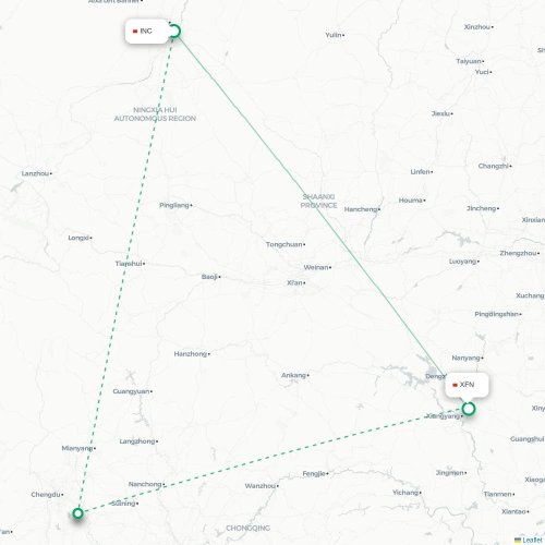 Mapa lotu bezpośredniego Yinchuan – Xiangyang