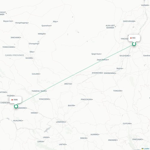 Mapa de vuelo directo Yinchuan - Xining