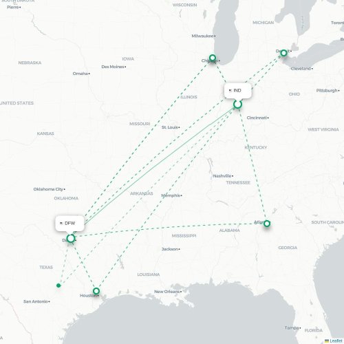 Indianapolis - Dallas kaart van rechtstreekse vlucht