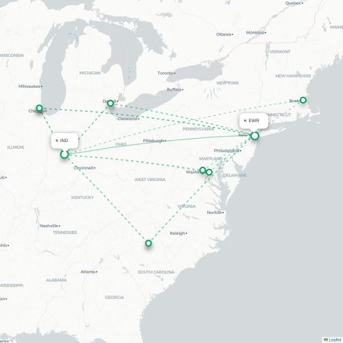 Mapa lotu bezpośredniego Indianapolis – Newark