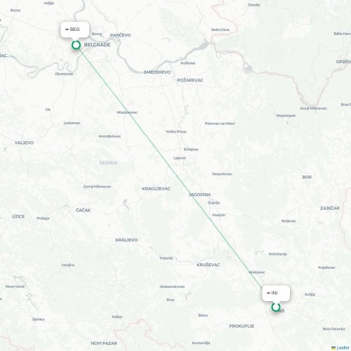 Mapa de vuelo directo Niš - Belgrado