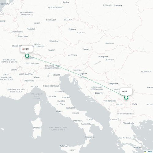 Mapa de vuelo directo Niš - Mulhouse