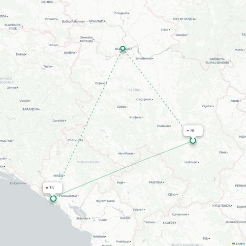 Mapa de vuelo directo Niš - Tivat