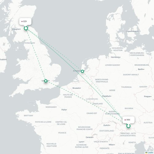Innsbruck - Edinburgh karta över direktflyg