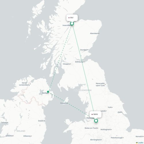 Mapa de vuelo directo Inverness - Mánchester