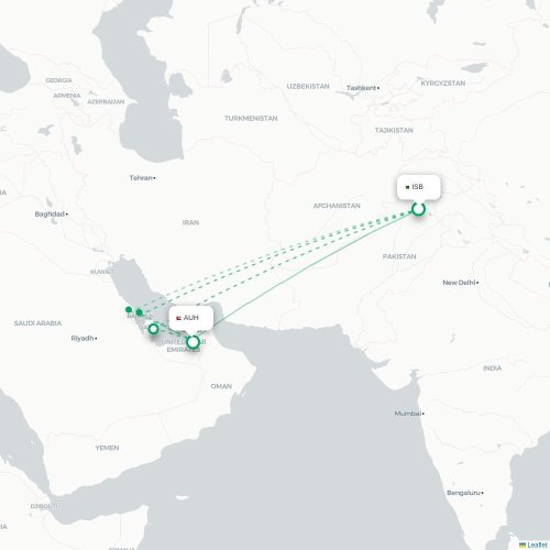 Mapa de vuelo directo Islamabad - Abu Dabi