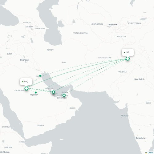 Mapa de vuelo directo Islamabad - Gassim