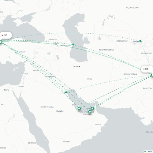 Mapa de vuelo directo Islamabad - Estambul