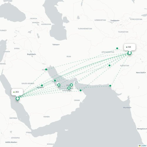 Mapa de vuelo directo Islamabad - Jedda