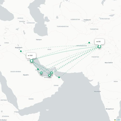 Mapa de vuelo directo Islamabad - Ciudad de Kuwait