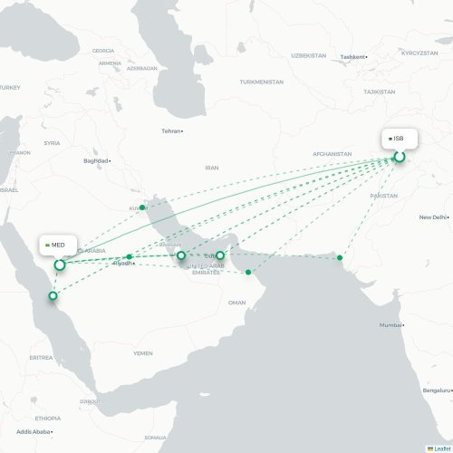 Mapa de vuelo directo Islamabad - Medina