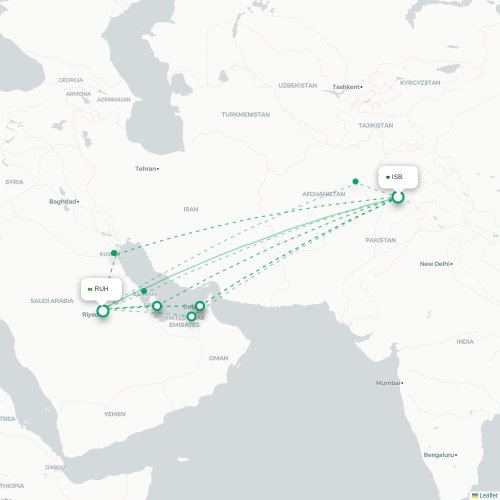 Mapa de vuelo directo Islamabad - Riad