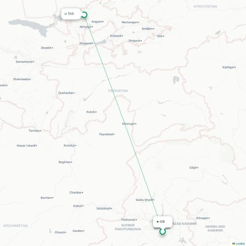 Mapa de vuelo directo Islamabad - Taskent