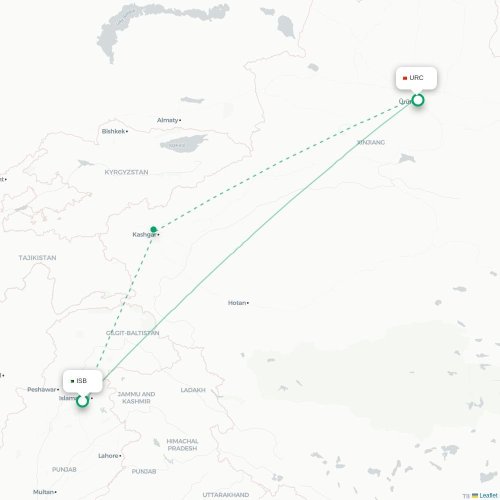 Mapa de vuelo directo Islamabad - Ürümqi