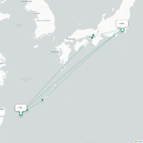 Mapa lotu bezpośredniego Ishigaki – Tokio