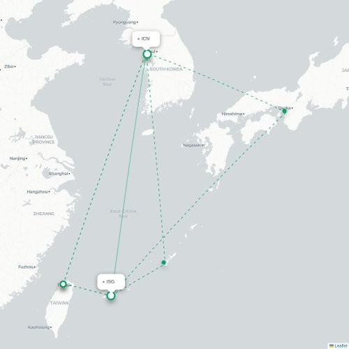 Mapa lotu bezpośredniego Ishigaki – Inczhon
