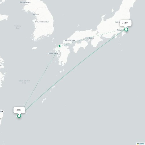 Mapa lotu bezpośredniego Ishigaki – Tokio