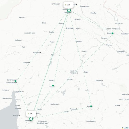 Mapa de vuelo directo Nashik - Nueva Delhi