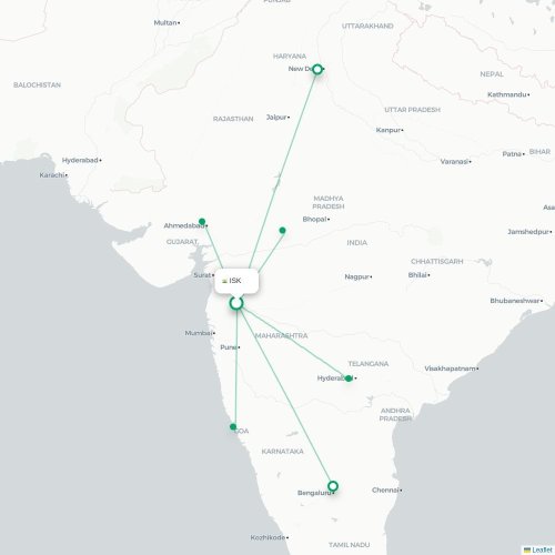 Mapa de vuelo directo Nashik - Indore