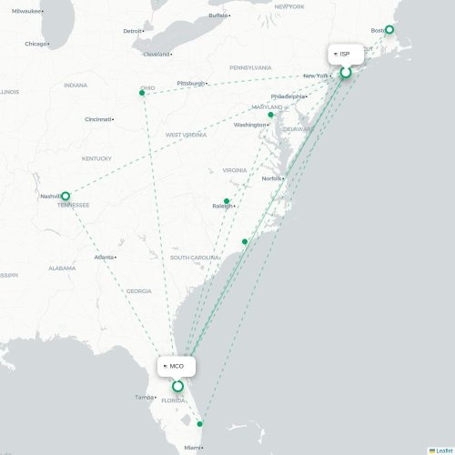 Mapa lotu bezpośredniego Islip – Orlando