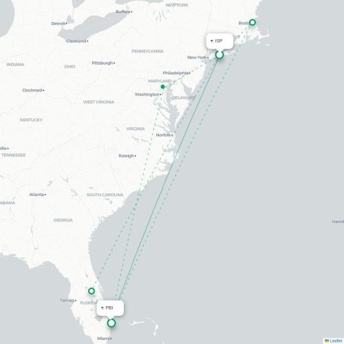 Mapa lotu bezpośredniego Islip – West Palm Beach