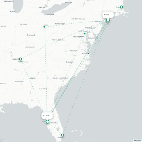 Mapa lotu bezpośredniego Islip – Tampa