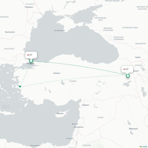 Mapa de vuelo directo Estambul - Ağrı