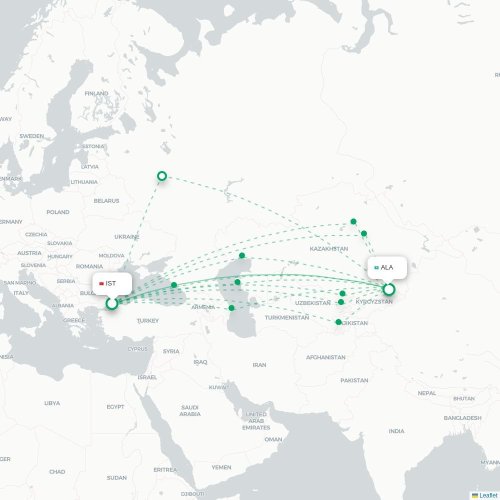 Mapa de vuelo directo Estambul - Almatý