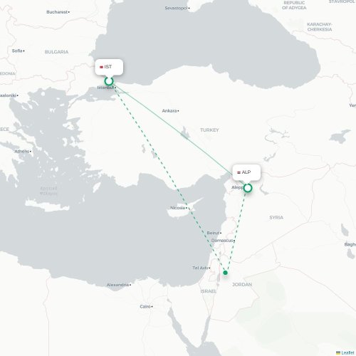 Mapa de vuelo directo Estambul - Alepo
