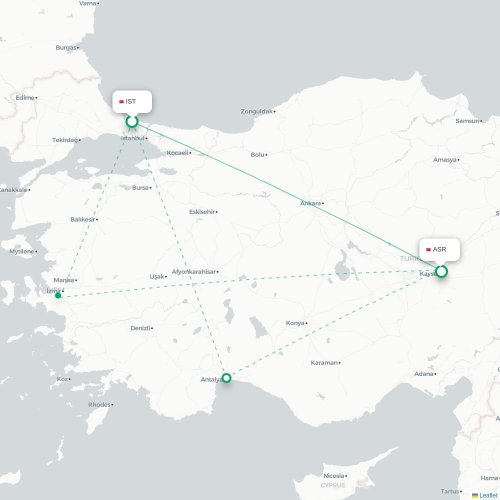 Mapa de vuelo directo Estambul - Kayseri
