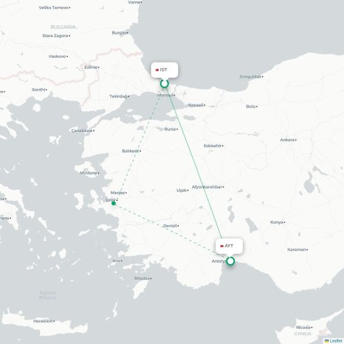 Mapa de vuelo directo Estambul - Antalya