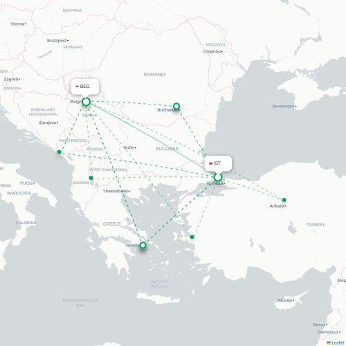 Mapa de vuelo directo Estambul - Belgrado