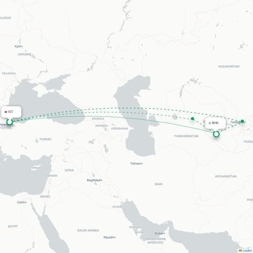 Mapa lotu bezpośredniego Stambuł – Buchara