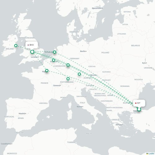 Mapa de vuelo directo Estambul - Birmingham