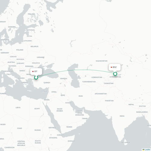 Mapa de vuelo directo Estambul - Biskek