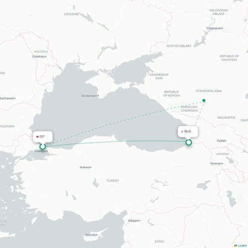 Mapa de vuelo directo Estambul - Batum