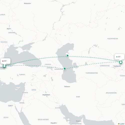 Mapa de vuelo directo Estambul - Shymkent