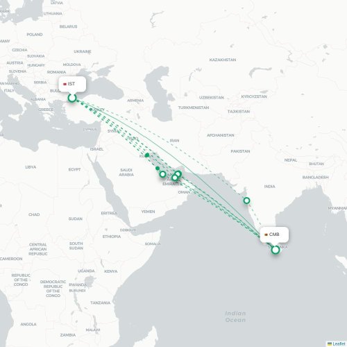 Mapa de vuelo directo Estambul - Colombo