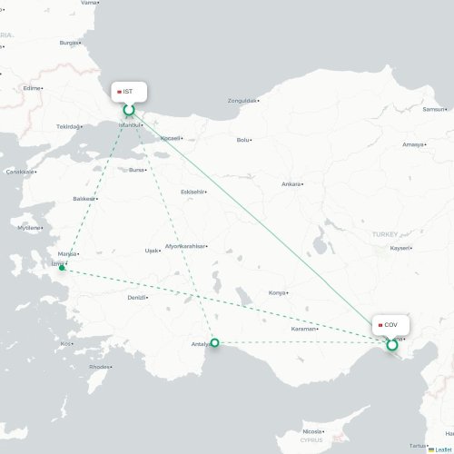 Mapa de vuelo directo Estambul - Tarso