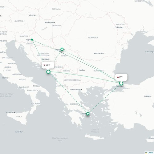 Istanbul - Dubrovnik kaart van rechtstreekse vlucht