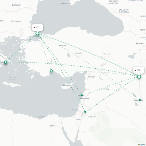 Mapa lotu bezpośredniego Stambuł – Irbil
