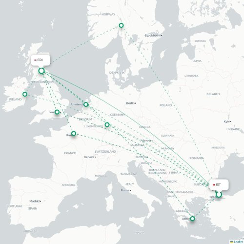 Mapa de vuelo directo Estambul - Edimburgo