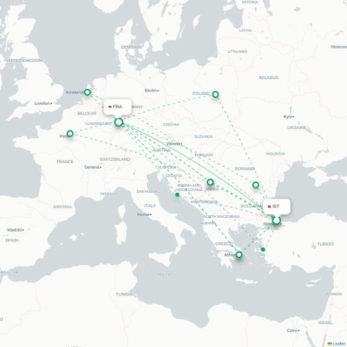 Mapa de vuelo directo Estambul - Fráncfort