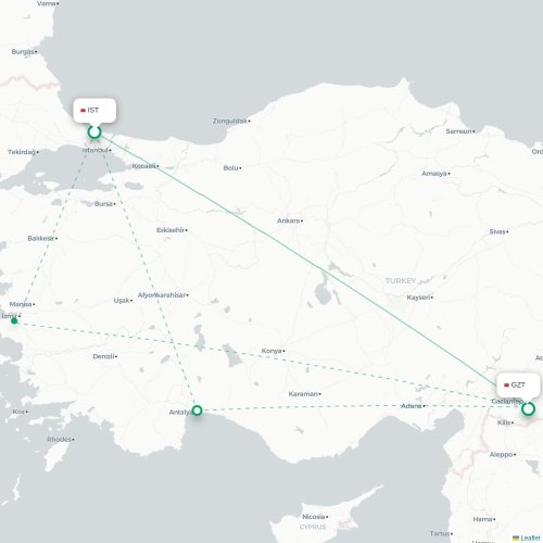 Mapa de vuelo directo Estambul - Gaziantep
