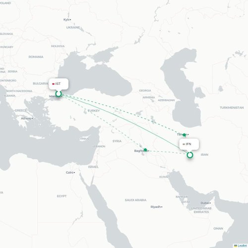Mapa lotu bezpośredniego Stambuł – Isfahan