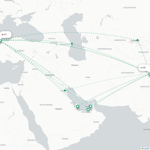 Mapa de vuelo directo Estambul - Islamabad