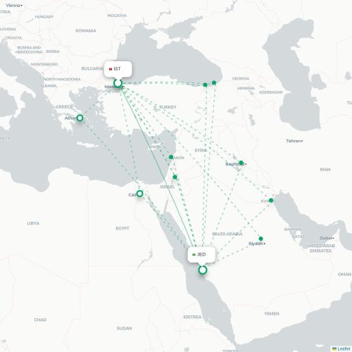 Mapa de vuelo directo Estambul - Jedda