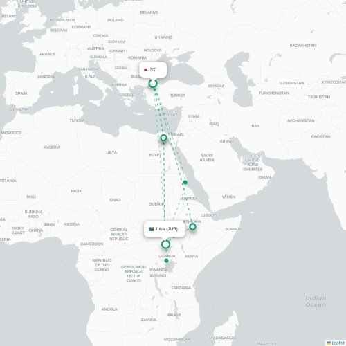 Mapa de vuelo directo Estambul - Juba