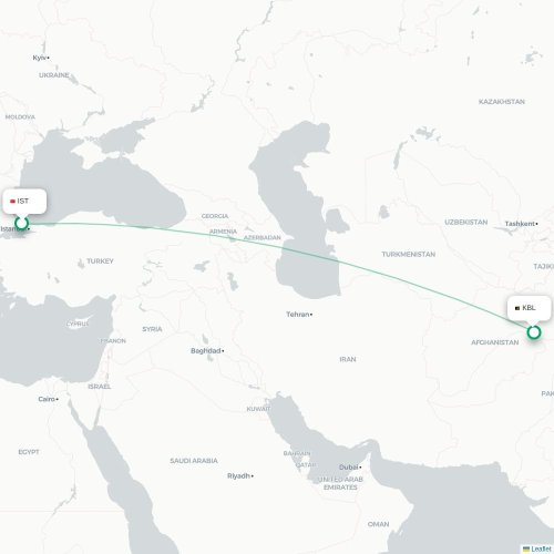 Mapa de vuelo directo Estambul - Kabul